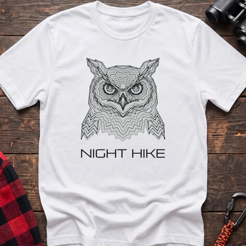 White t-shirt with geometric topographic owl face graphic and the text Night Hike