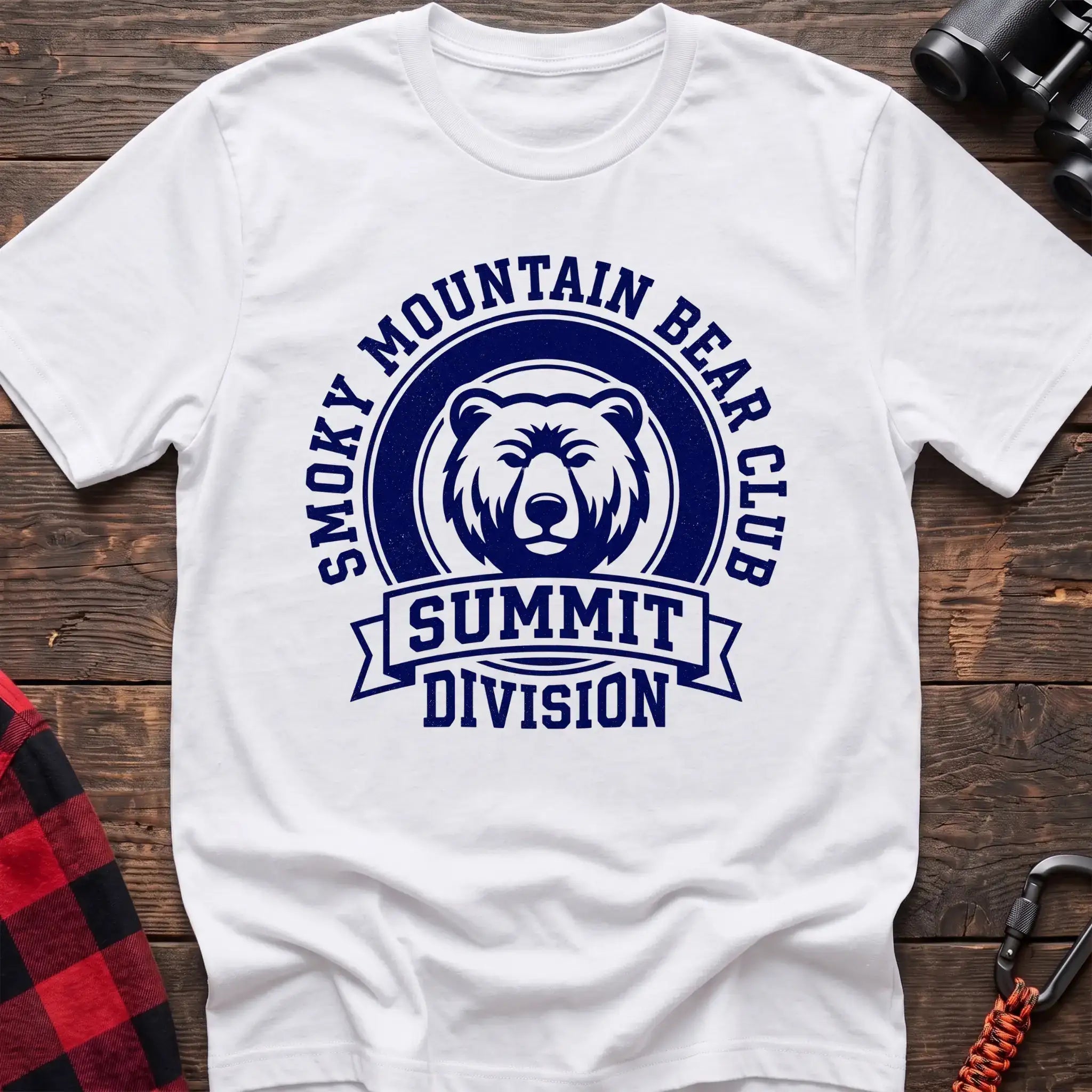 White t-shirt with circular badge graphic of a bear face reading Smoky Mountain Bear Club Summit Division