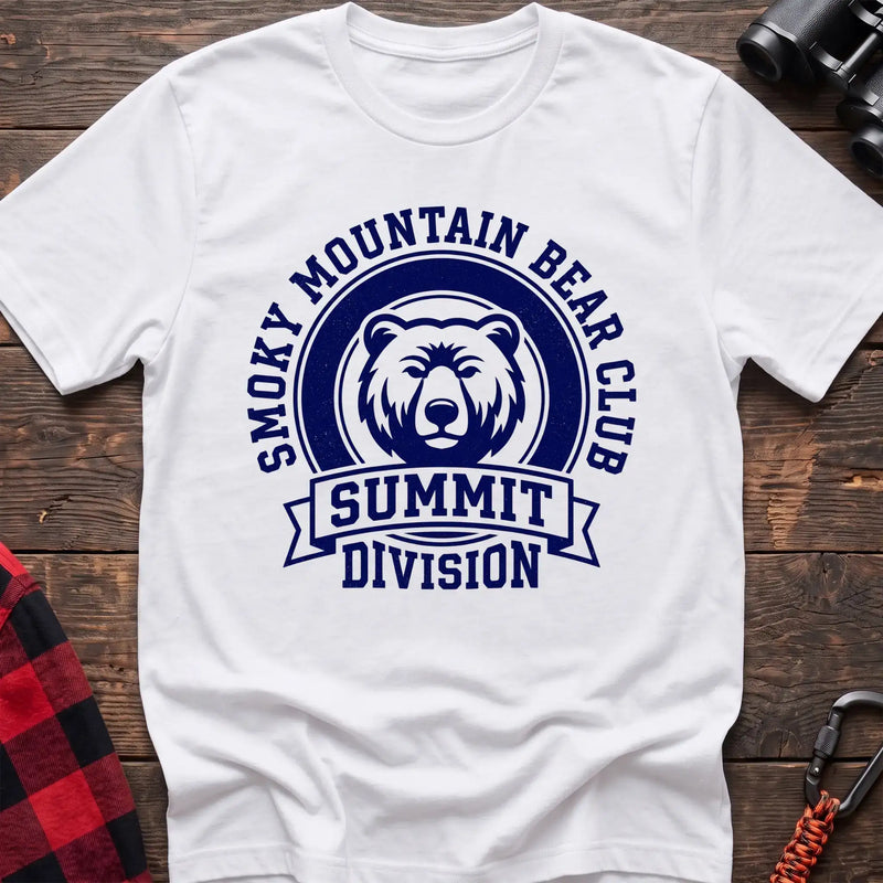 White t-shirt with circular badge graphic of a bear face reading Smoky Mountain Bear Club Summit Division