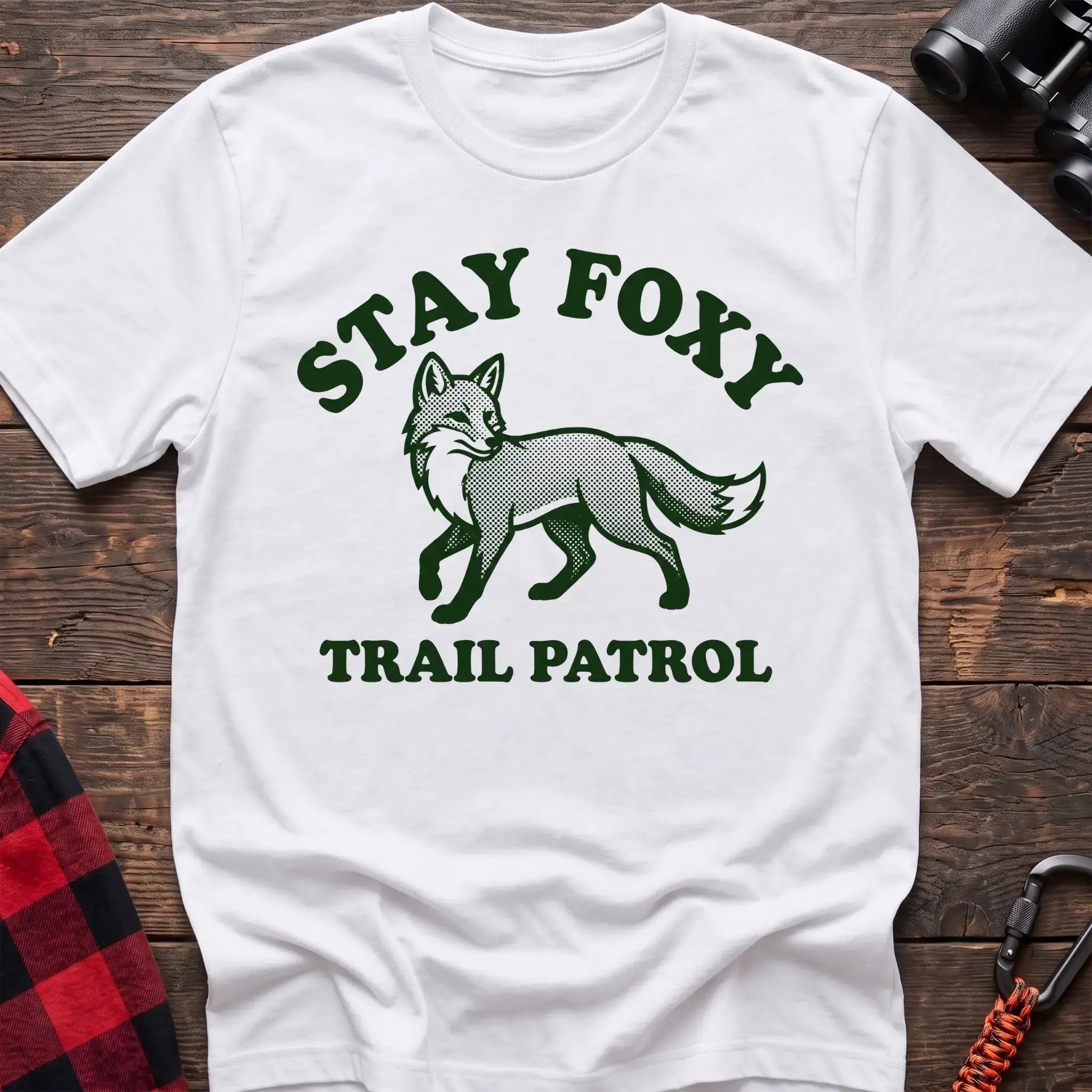 White t-shirt with dark green fox illustration and the text Stay Foxy Trail Patrol