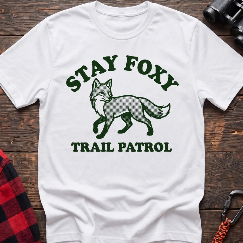 White t-shirt with dark green fox illustration and the text Stay Foxy Trail Patrol