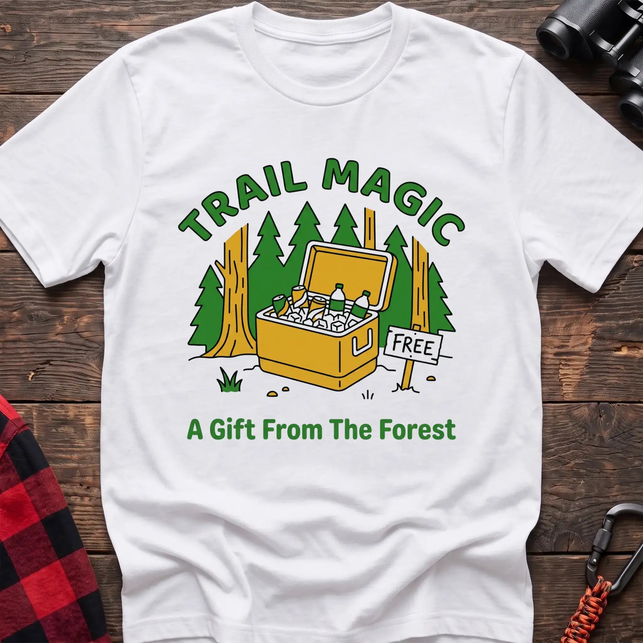 White t-shirt with an illustration of an open cooler filled with drinks in a forest setting, with the text “TRAIL MAGIC” and “A Gift From The Forest,” laid flat on a wooden surface.