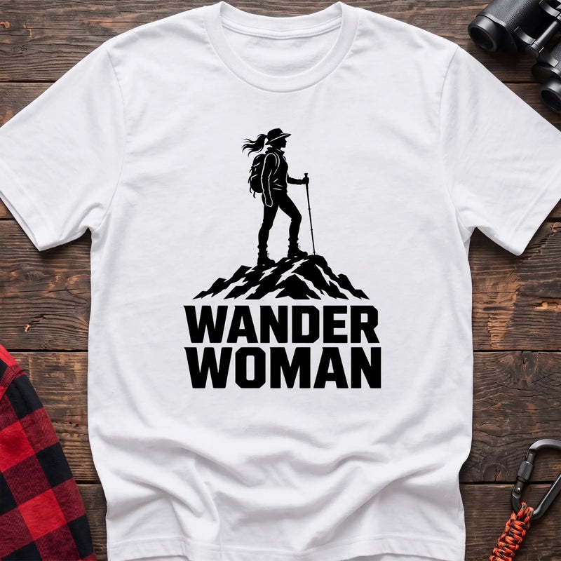 White cotton hiking t-shirt with black silhouette of a female hiker on a mountain peak and bold Wander Woman text
