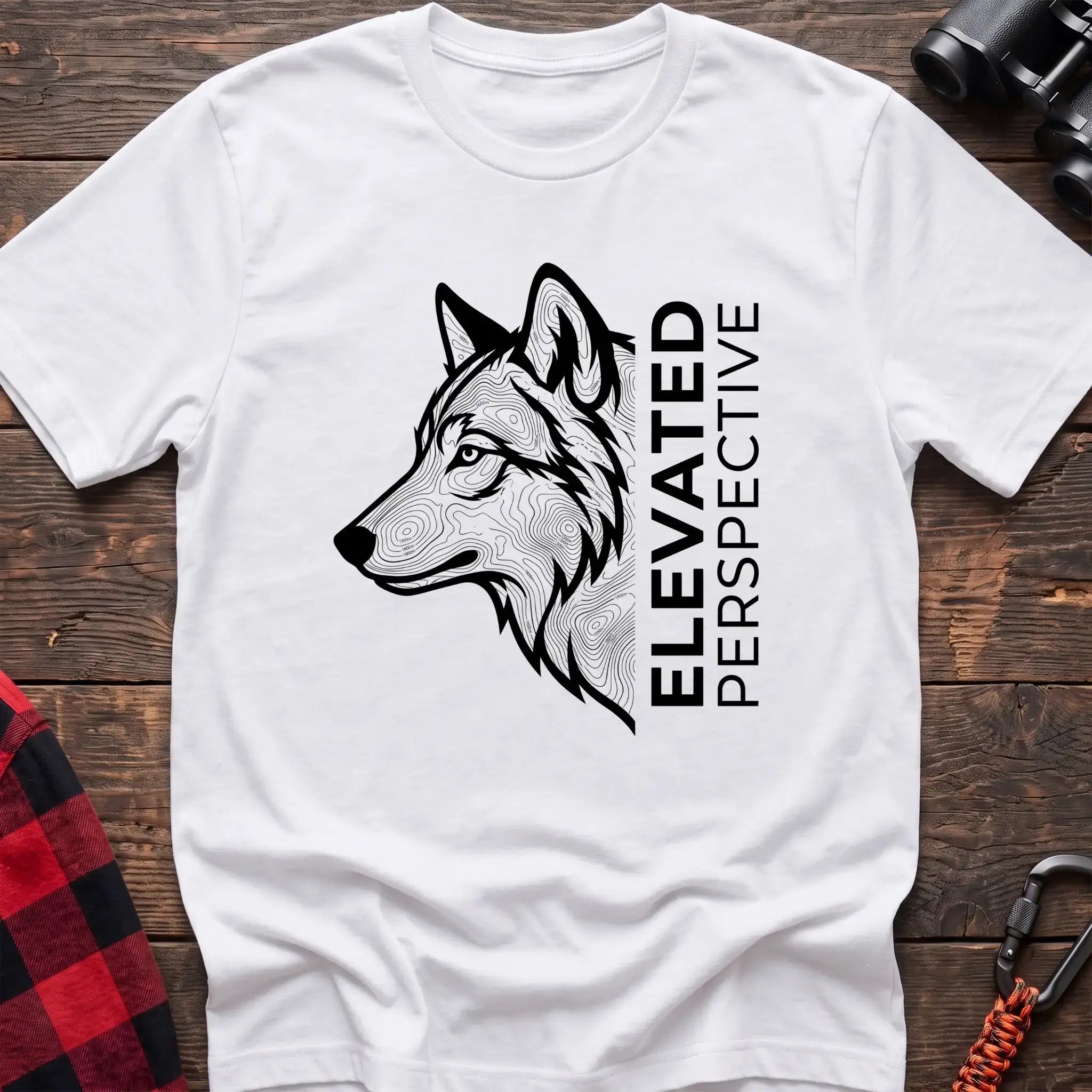 White t-shirt with topographic wolf head graphic and vertical text Elevated Perspective