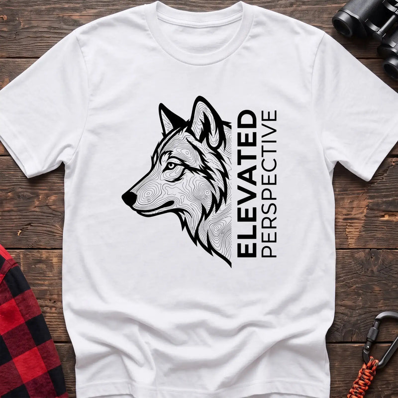 White t-shirt with topographic wolf head graphic and vertical text Elevated Perspective