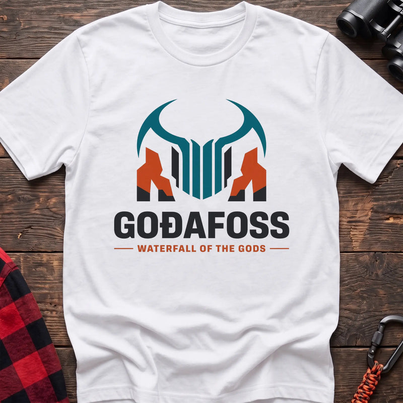 White cotton t-shirt with a basalt column graphic and Svartifoss Basalt and Bad Weather text on rustic wood