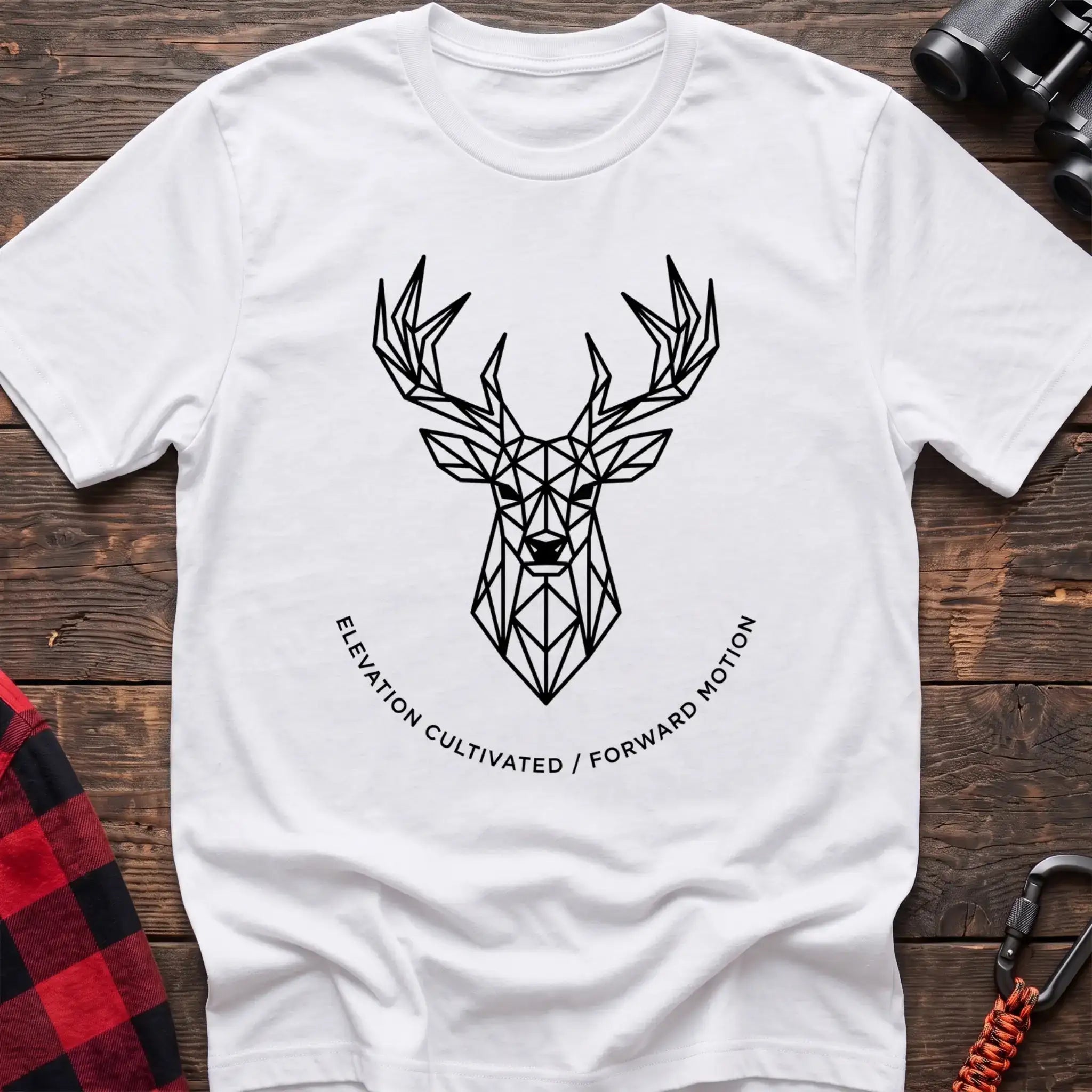 White t-shirt with geometric deer head graphic and the text Elevation Cultivated Forward Motion