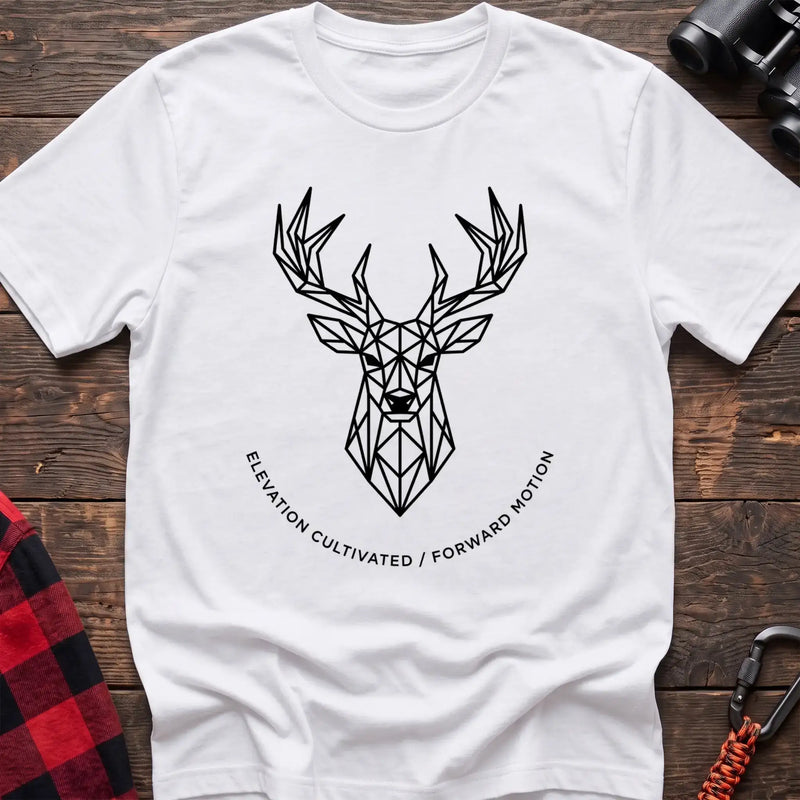 White t-shirt with geometric deer head graphic and the text Elevation Cultivated Forward Motion